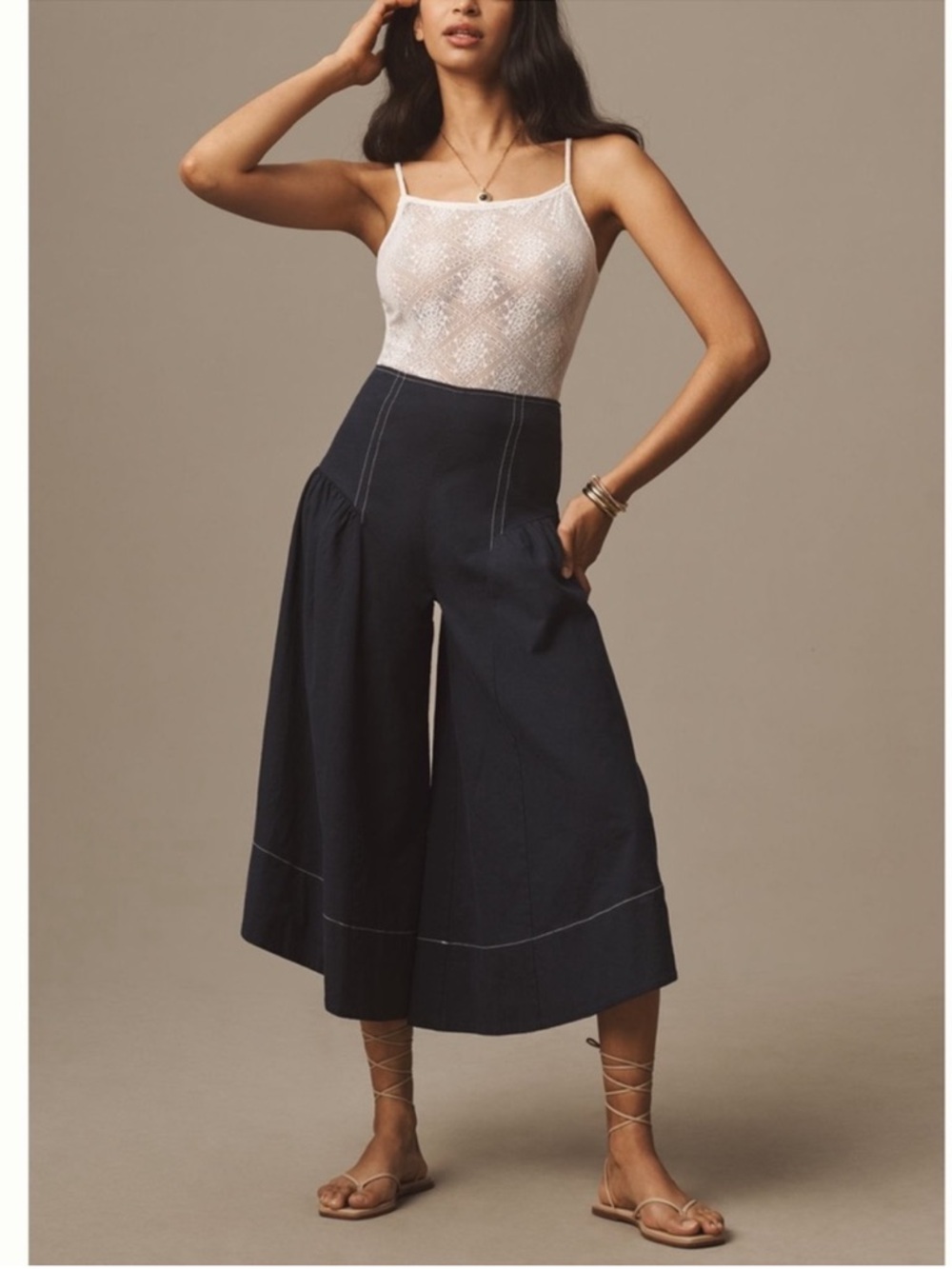 Nwt linen High-Waist Wide-Leg Culotte Pants in Navy